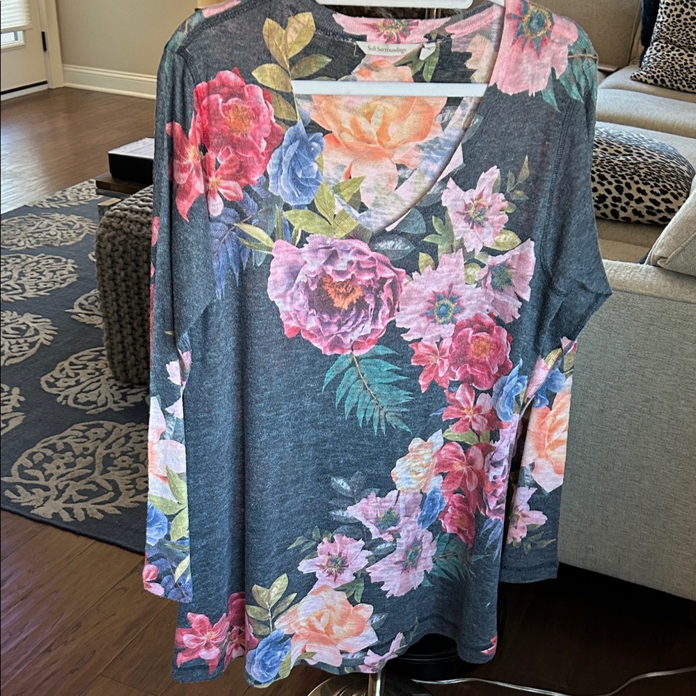 Soft Surroundings Floral Long Sleeve Top - Gray, pink, purple and green.
